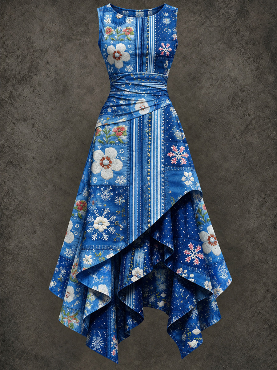 Retro Christmas Art Printed Vintage Sleeveless Irregularly Layered Stitched Midi Dress